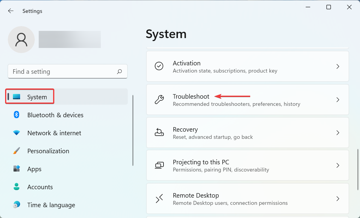 Параметр Устранение неполадок в настройках Windows 11