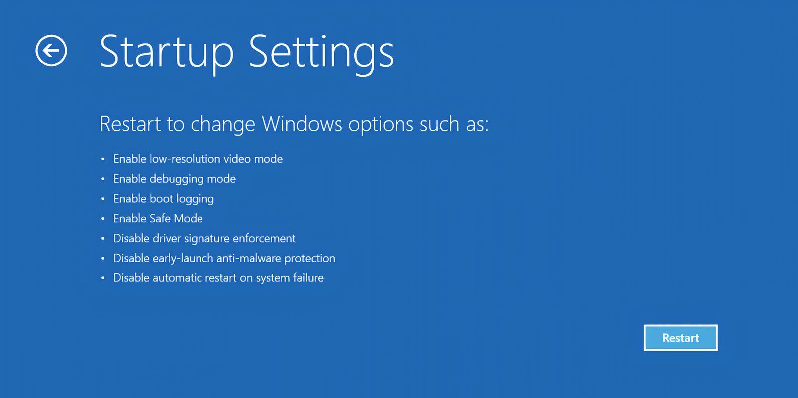 Страница среды восстановления Windows с параметрами загрузки