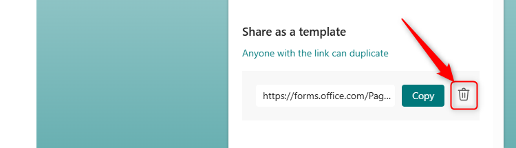 Иконка корзины рядом со ссылкой на копирование формы в Microsoft Forms.
