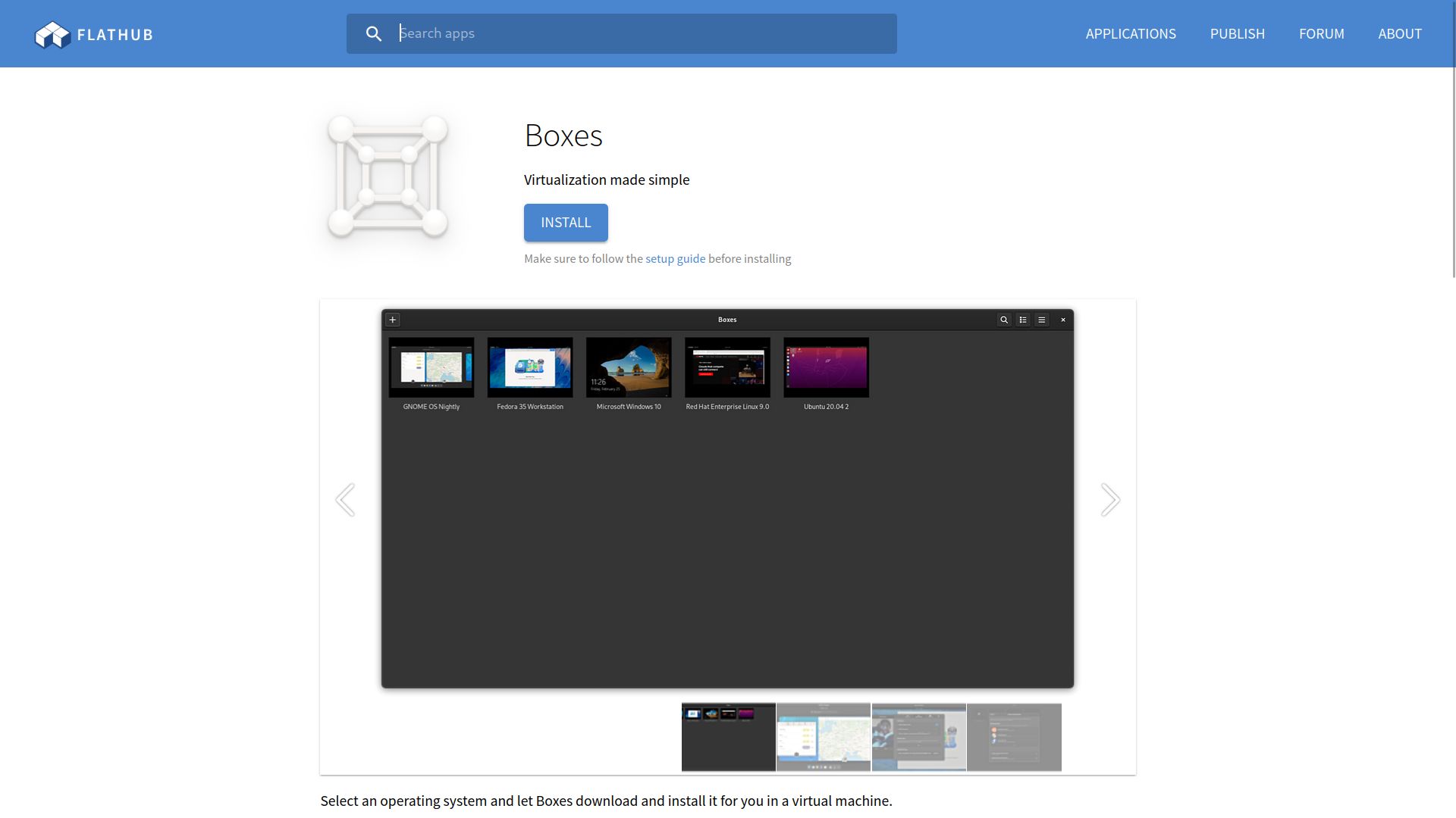 Flathub GNOME Boxes webpage