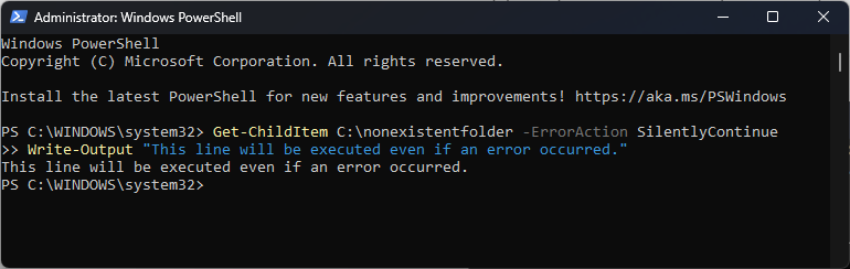 Sliently continue -powershell erroraction