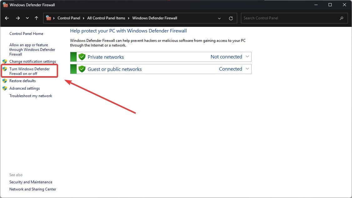 Параметр 'Включение или отключение брандмауэра Windows Defender'