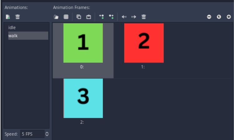 раздел SpriteFrames с кадрами в Godot