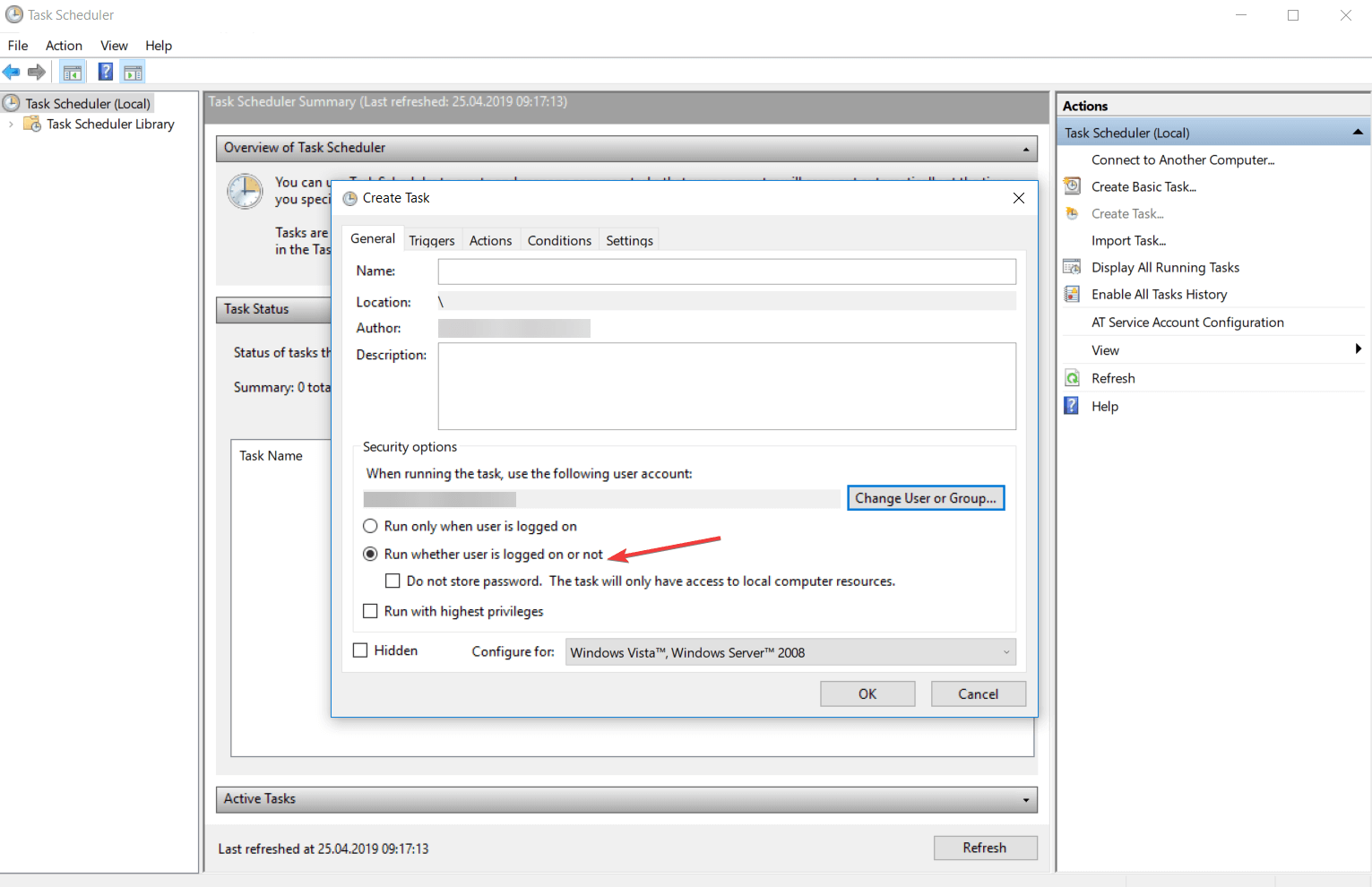 task scheduler do not store password windows 10