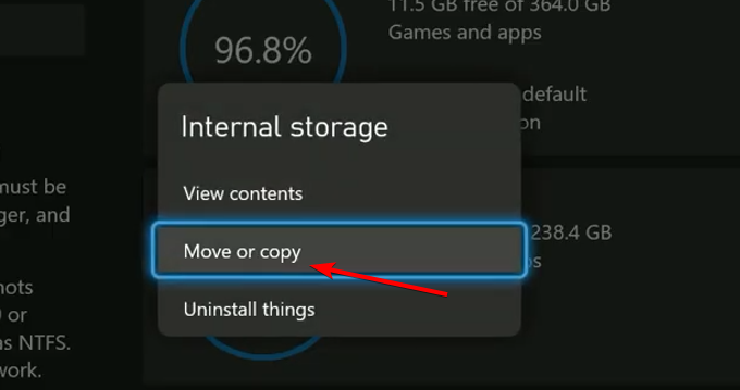 Меню 'Переместить или копировать' в Xbox Series X