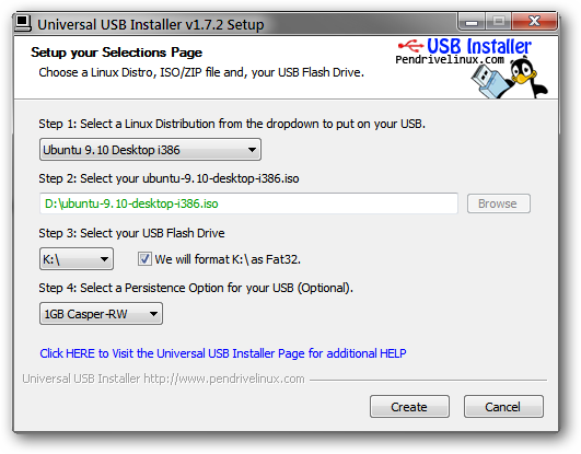 Universal USB Installer — выбор версии Ubuntu и настройка persistent