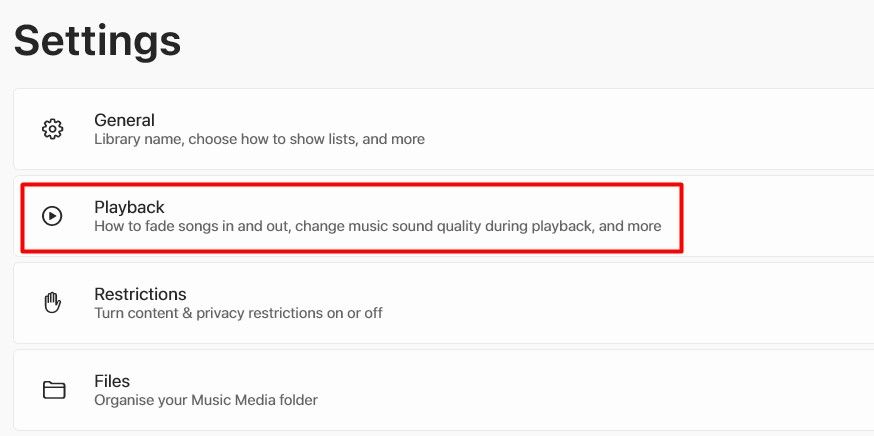 Параметр «Воспроизведение» в настройках Apple Music для Windows.
