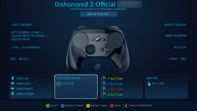 Экран переназначения кнопок в Steam