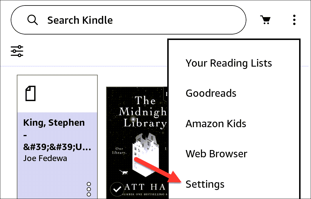 Меню Kindle с тремя точками, открывающее Настройки