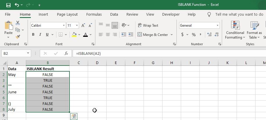 Рабочий лист Excel, демонстрирующий использование ISBLANK