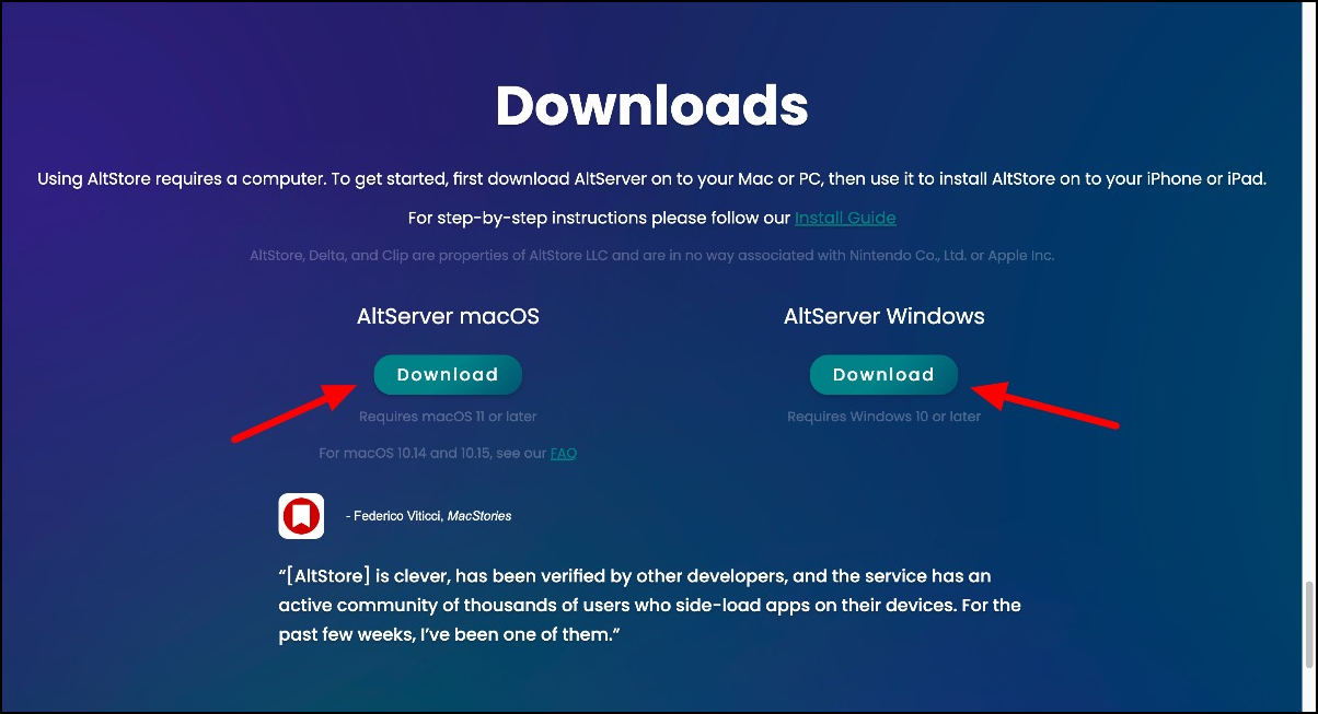Кнопка загрузки AltServer для Windows и Mac на официальном сайте