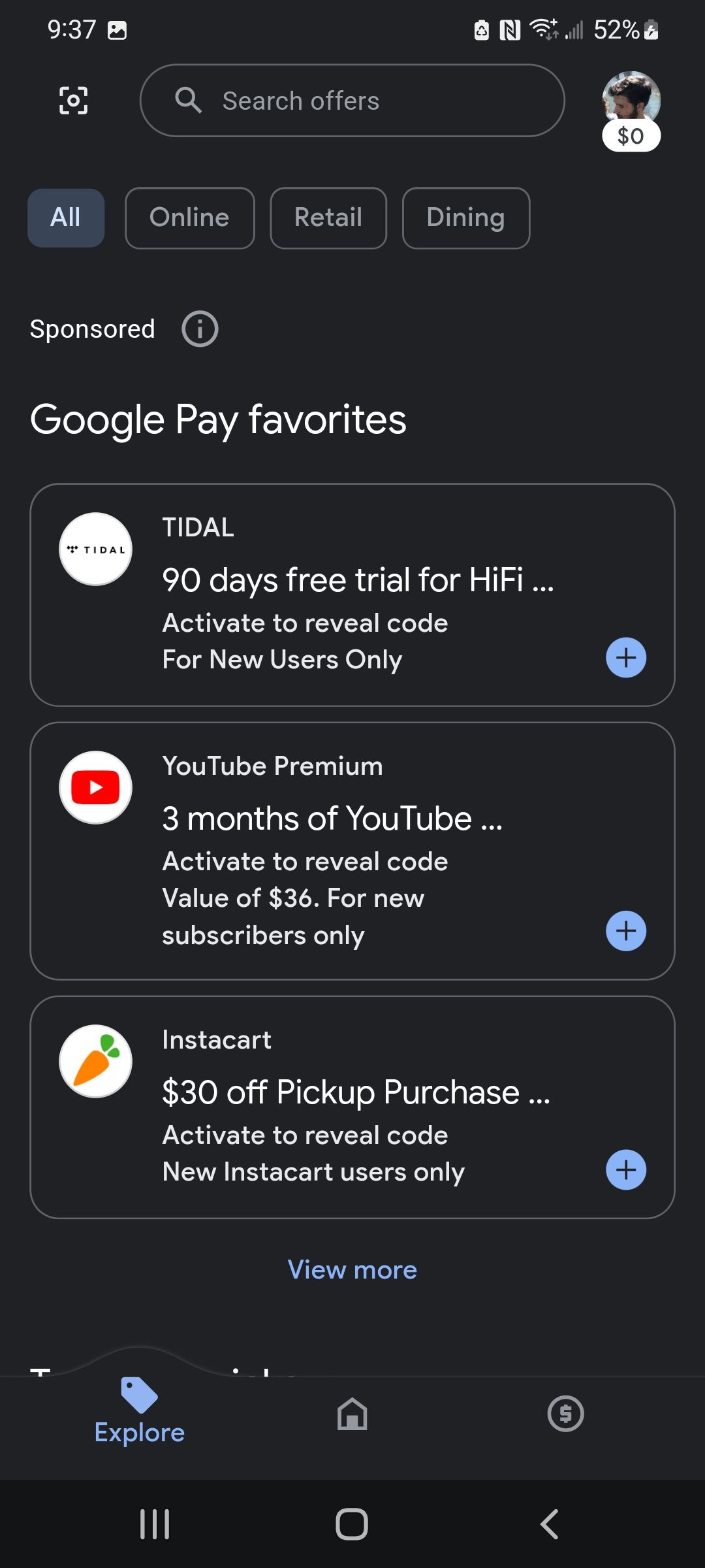 Вкладка «Сделки» в Google Pay.
