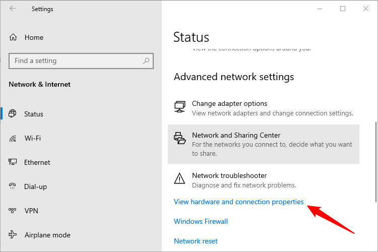 Страница «Просмотр свойств оборудования и подключения» с полем Default Gateway
