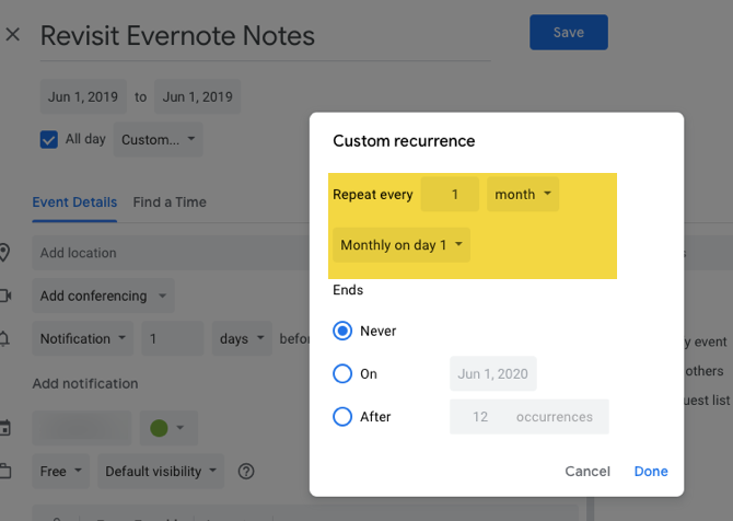 Google Calendar Recurring Event