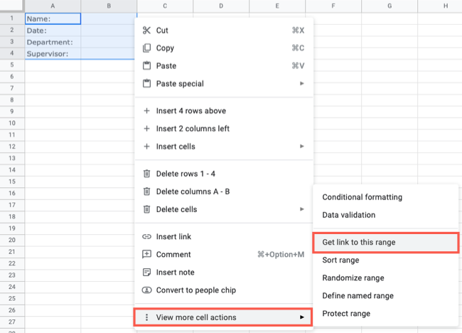 Выбор 'Получить ссылку на диапазон или ячейку' в меню Google Sheets