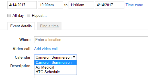 Скриншот: выбор календаря при создании события