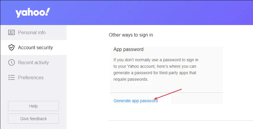 Изображение: пример сгенерированного пароля приложения Yahoo
