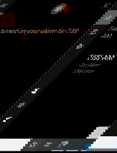 Cortana подтвердила включение будильника