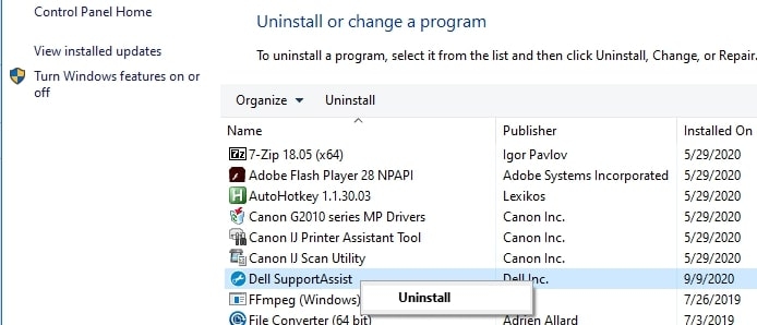 Процесс удаления Dell SupportAssist