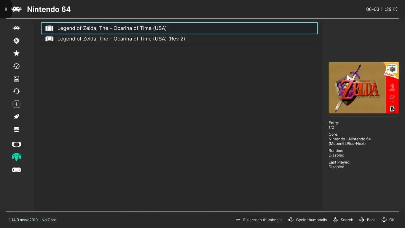 RetroArch на Xbox Series X с найденными играми для Nintendo 64
