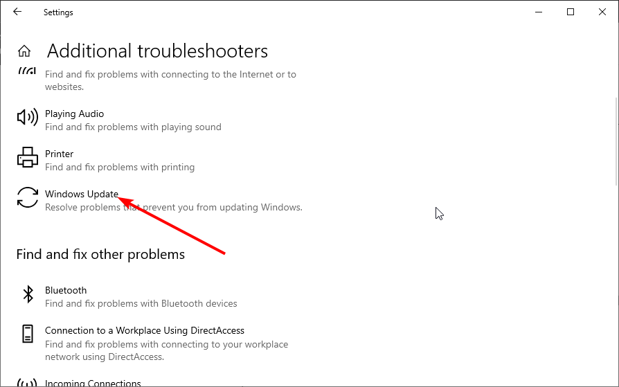 Выбор средства устранения неполадок для Центра обновления