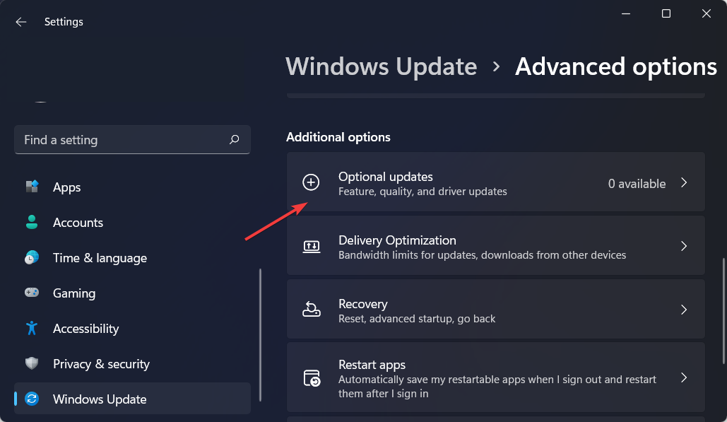 Кнопка «Необязательные обновления» в настройках Windows Update