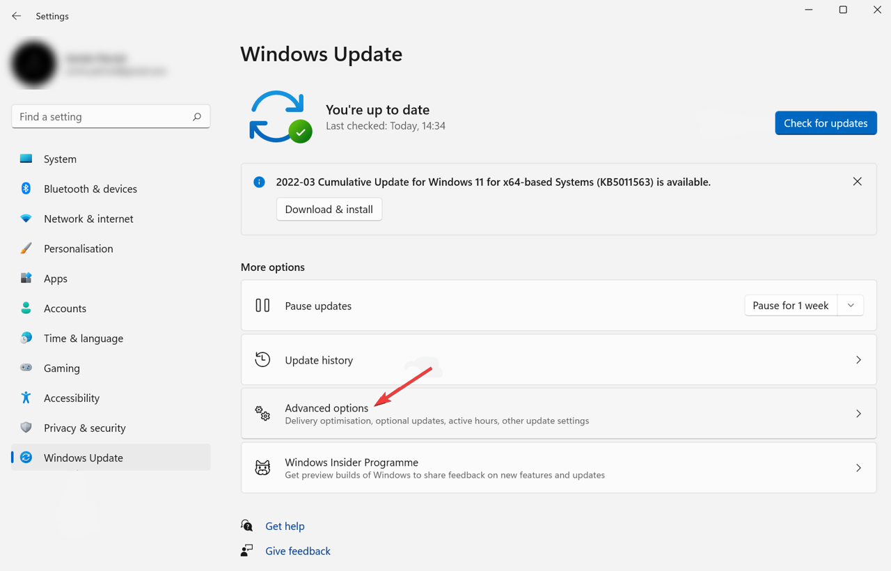 Экран «Дополнительные параметры» Windows Update