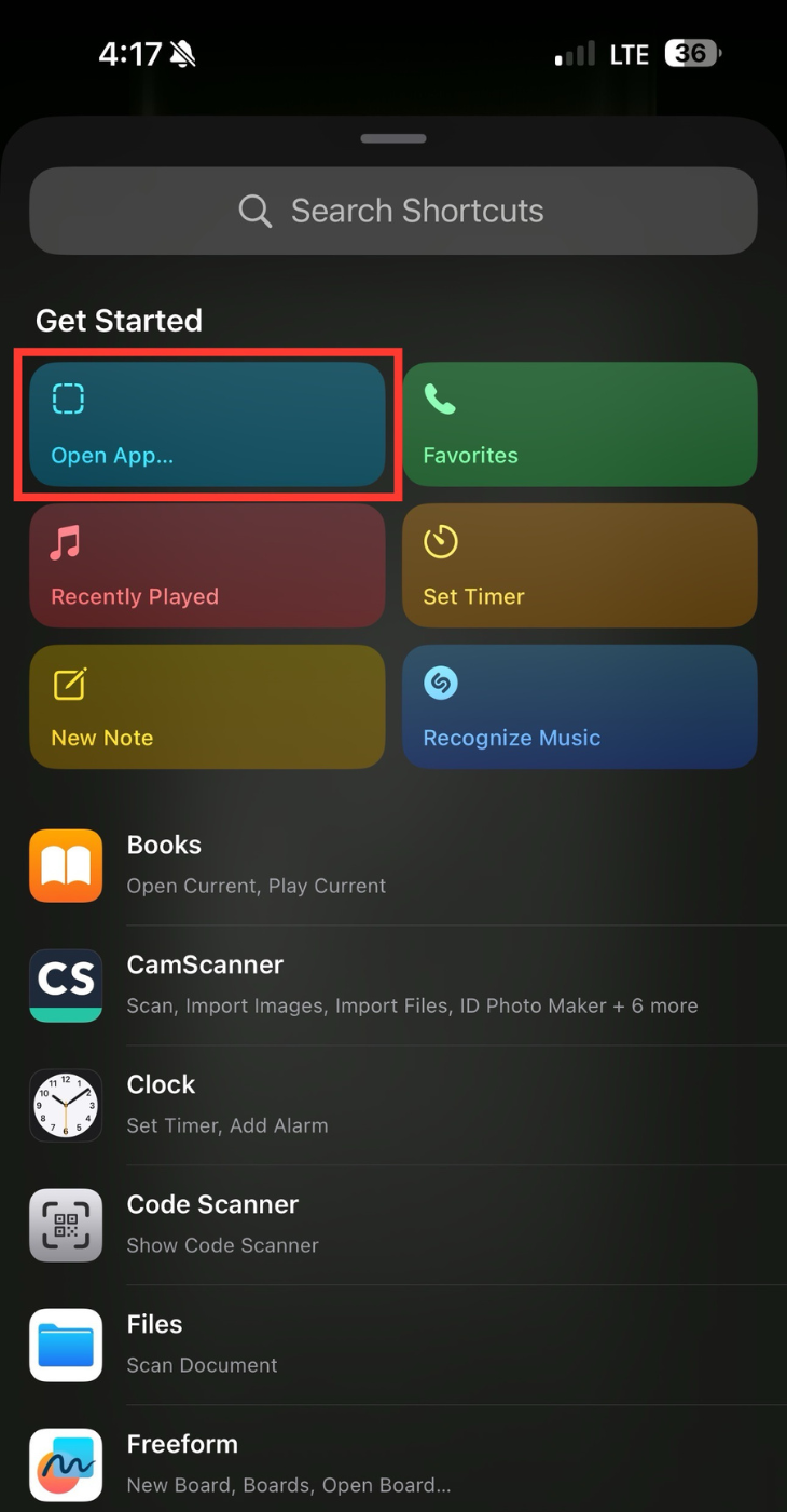 Указание действия Open App в Shortcuts