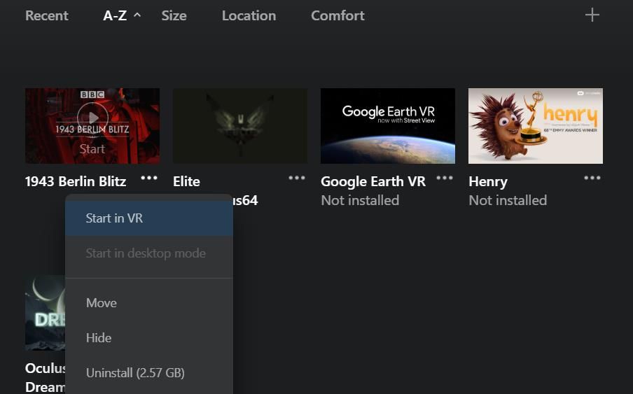 Опция удаления приложения в библиотеке Oculus Desktop
