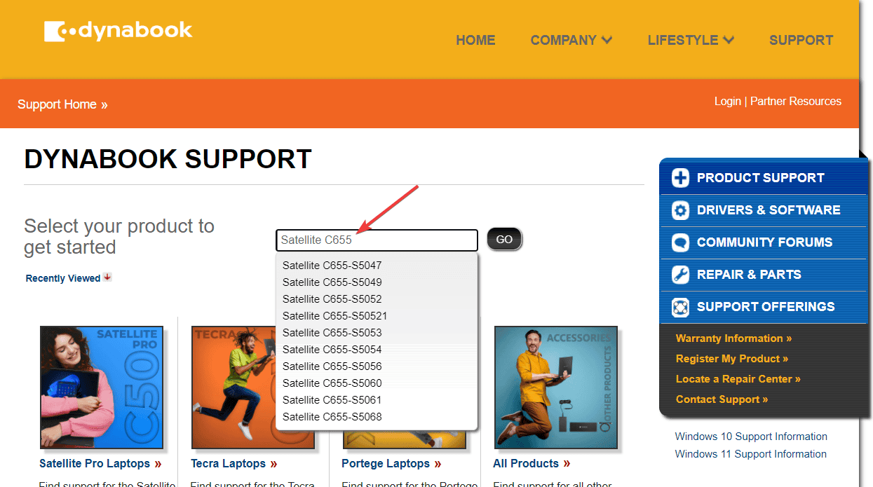 Поиск модели на странице поддержки Dynabook с выпадающим списком моделей
