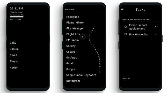 Простой домашний экран Indistractable Launcher: чёрно‑белый текстовый список избранных приложений