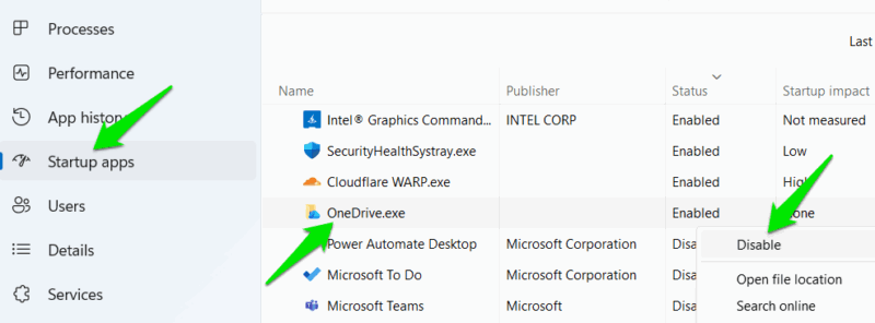 Отключение OneDrive в автозагрузке через Диспетчер задач