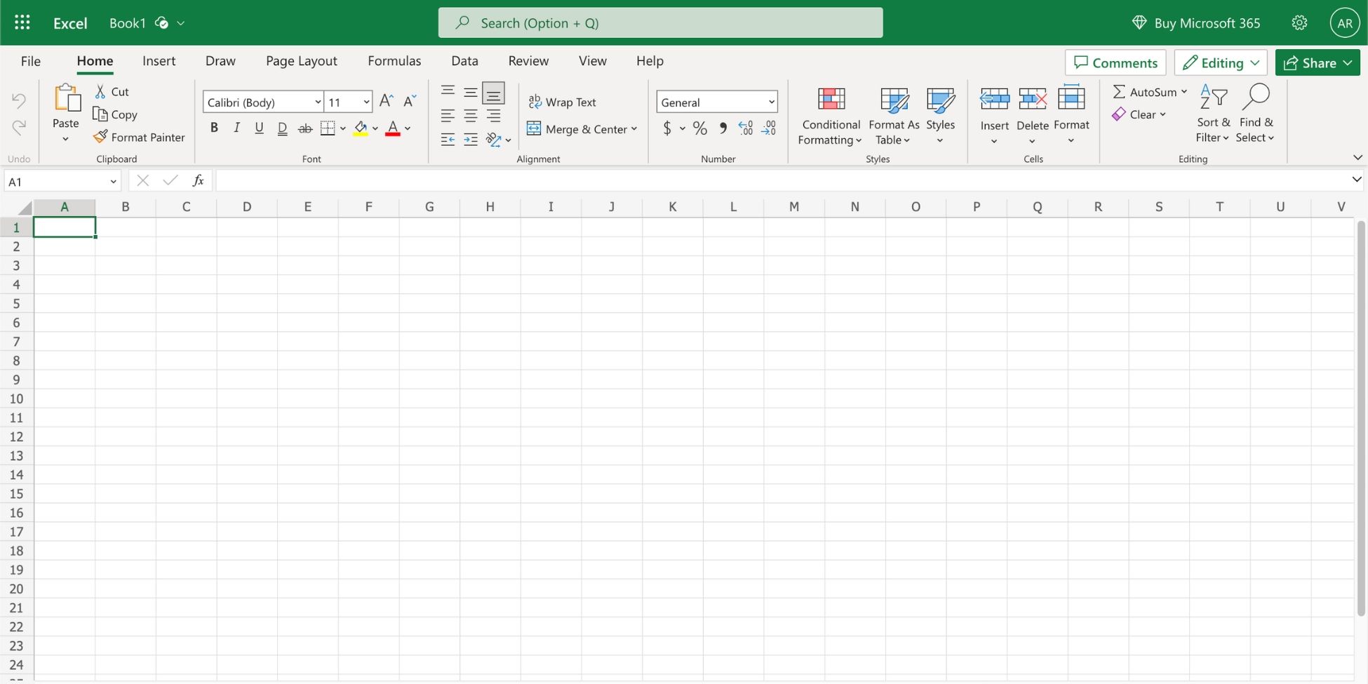 Новый пустой файл Excel открыт для редактирования в браузере