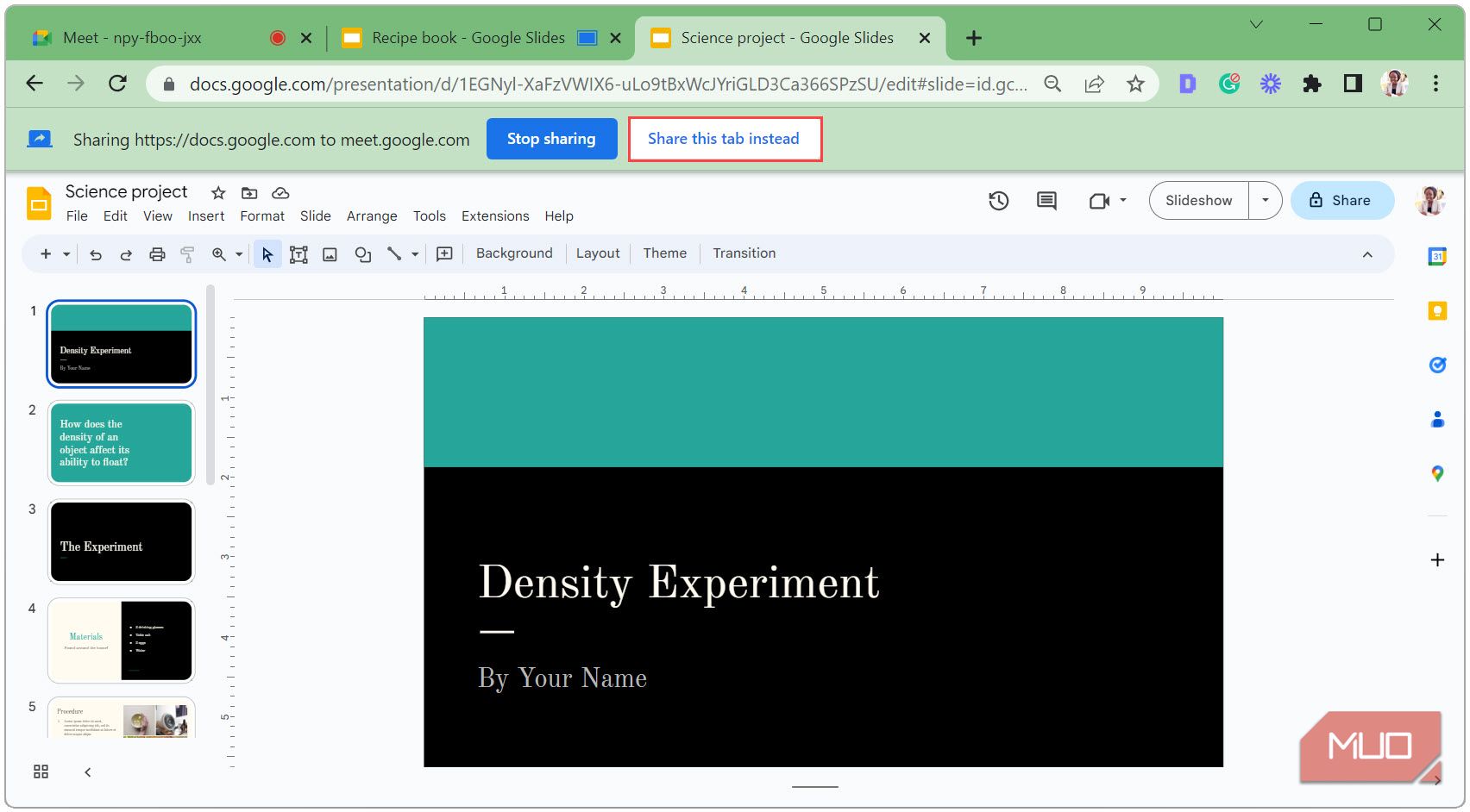 Поделиться отдельной вкладкой в Google Meet