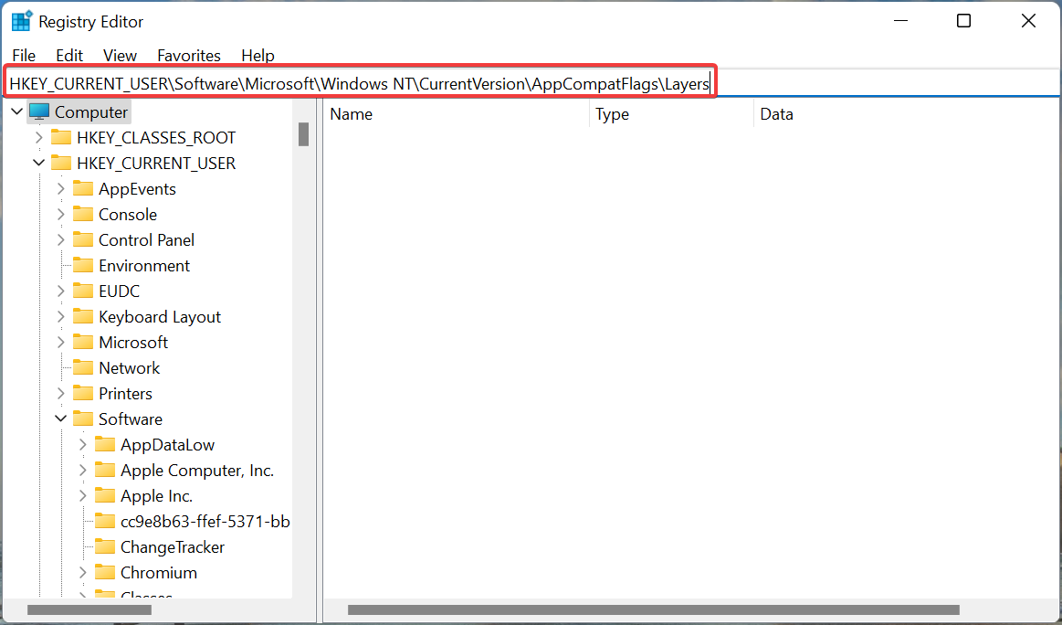 Переход к ветке реестра с параметрами совместимости