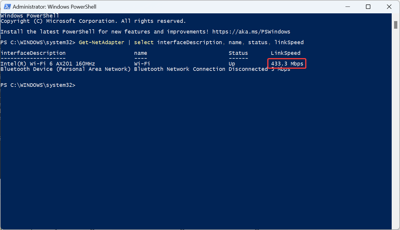 Результат команды PowerShell с колонкой LinkSpeed