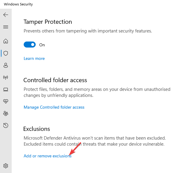 Добавление исключений в Защите Windows