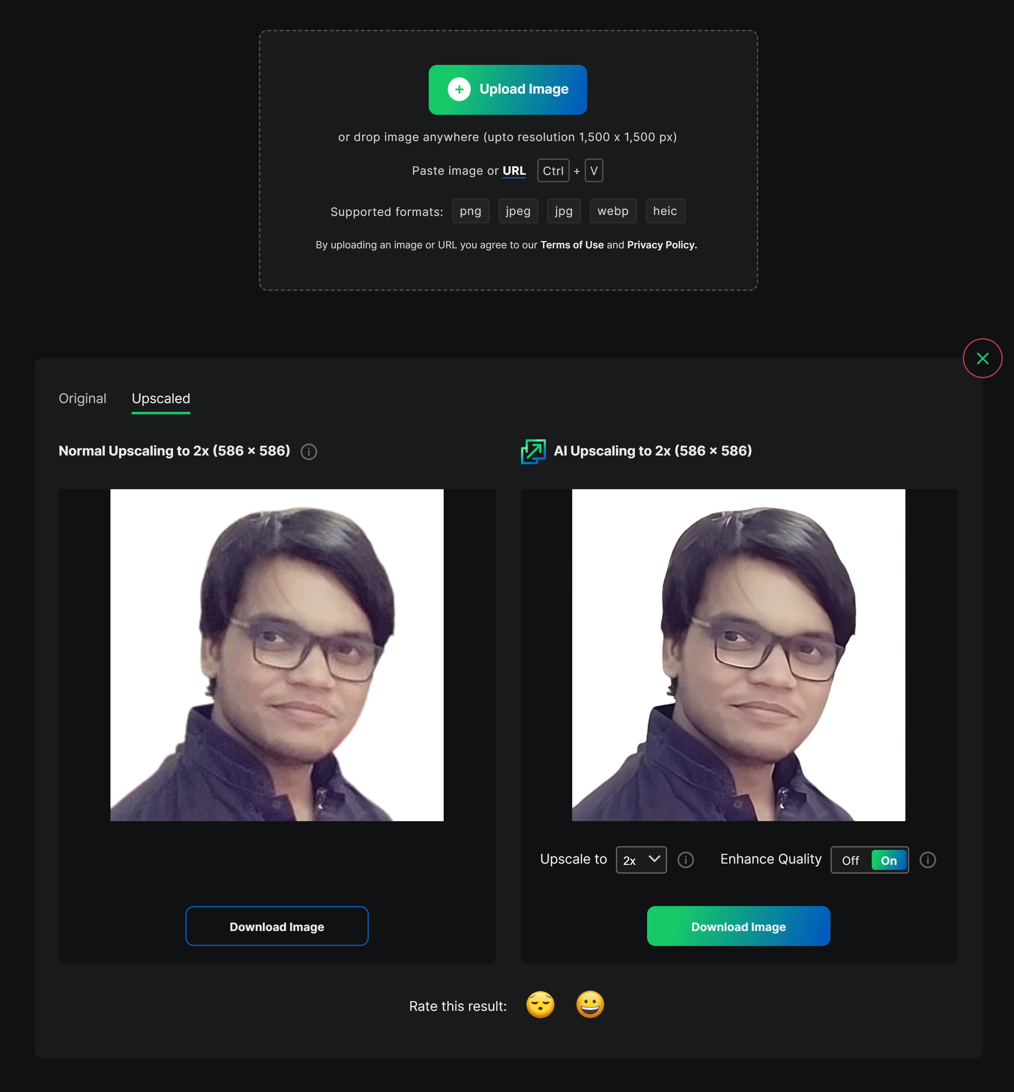 Процесс апскейла фотографии профиля с помощью upscale.media