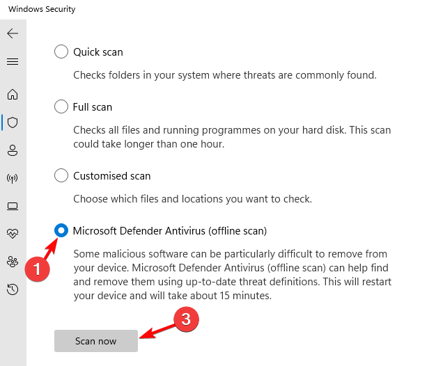 Выбор автономного сканирования Microsoft Defender