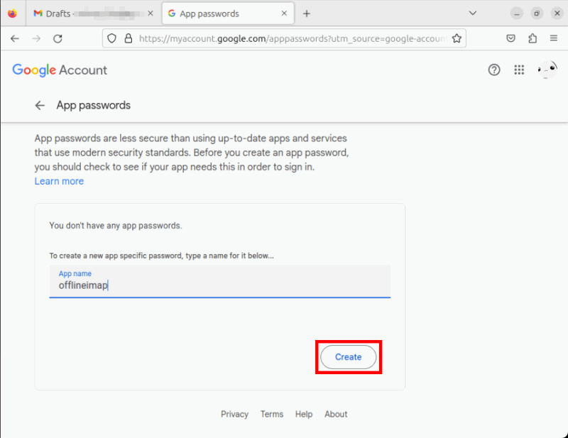 Окно создания App Password с примером названия.