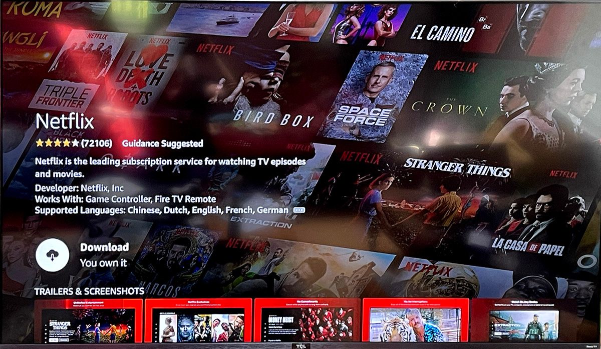 установка Netflix на Fire TV: экран с кнопкой загрузки