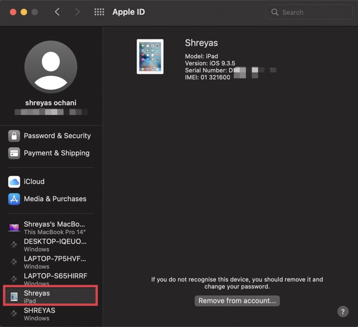 MacのApple ID管理画面に表示されたデバイス一覧のスクリーンショット