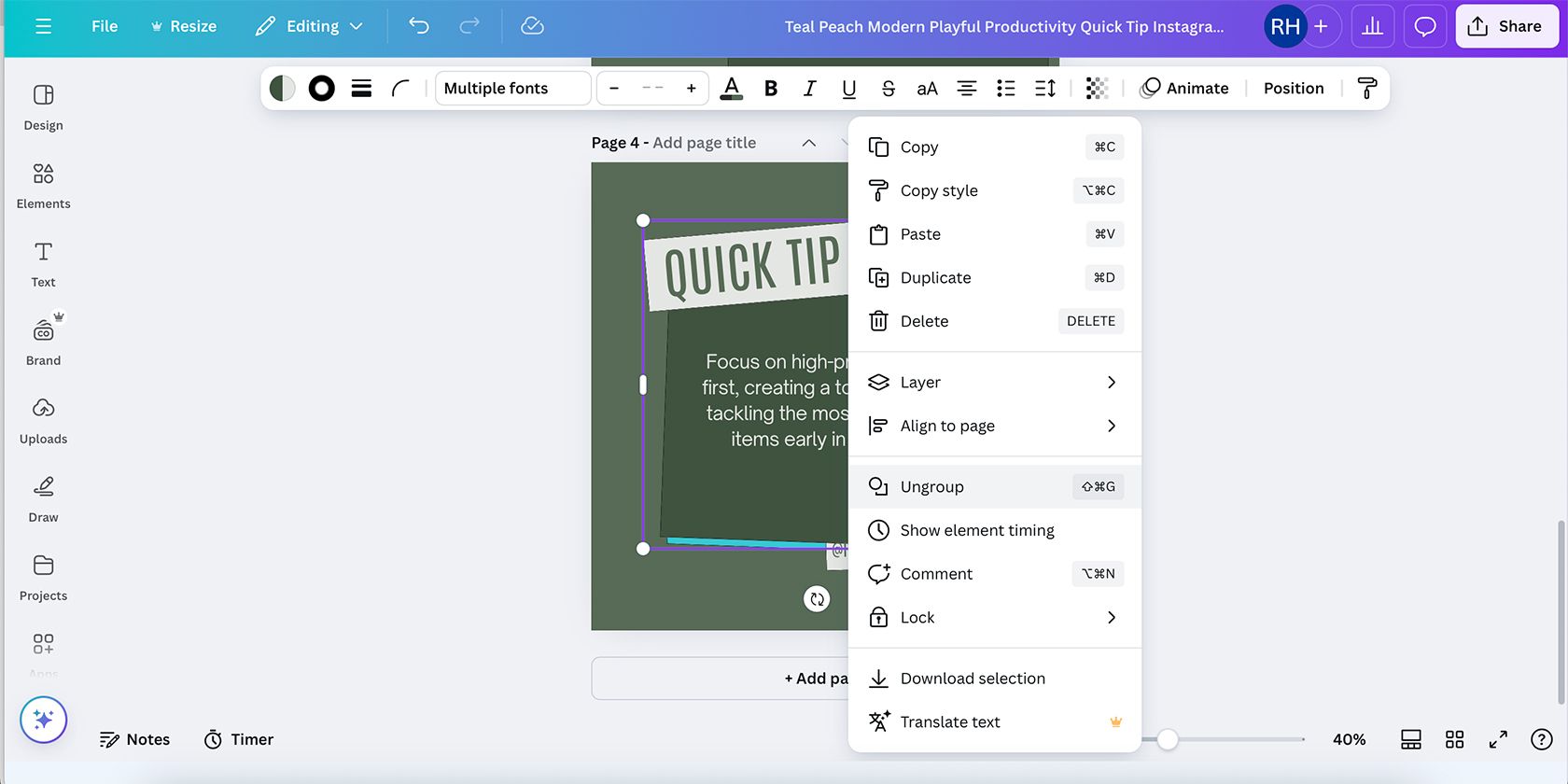 Контекстное меню для разгруппировки в Canva