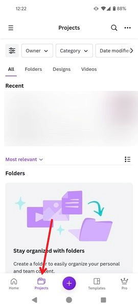 Кнопка Projects в приложении Canva