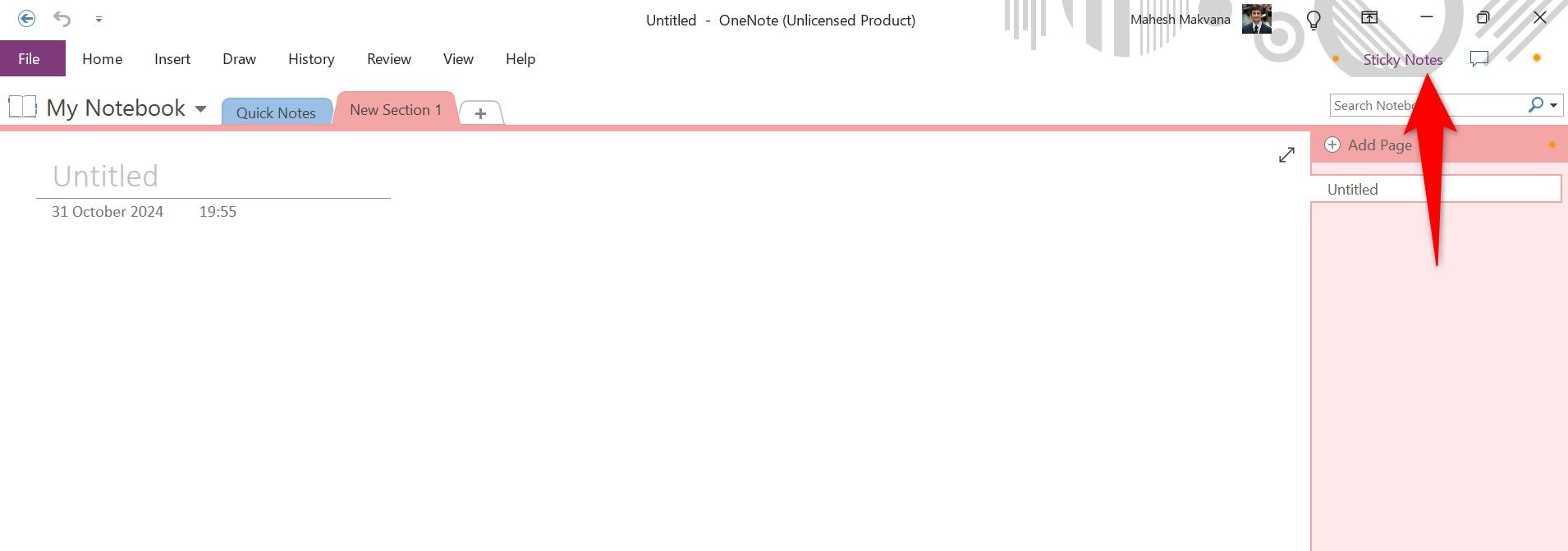 Пункт Sticky Notes в интерфейсе OneNote.
