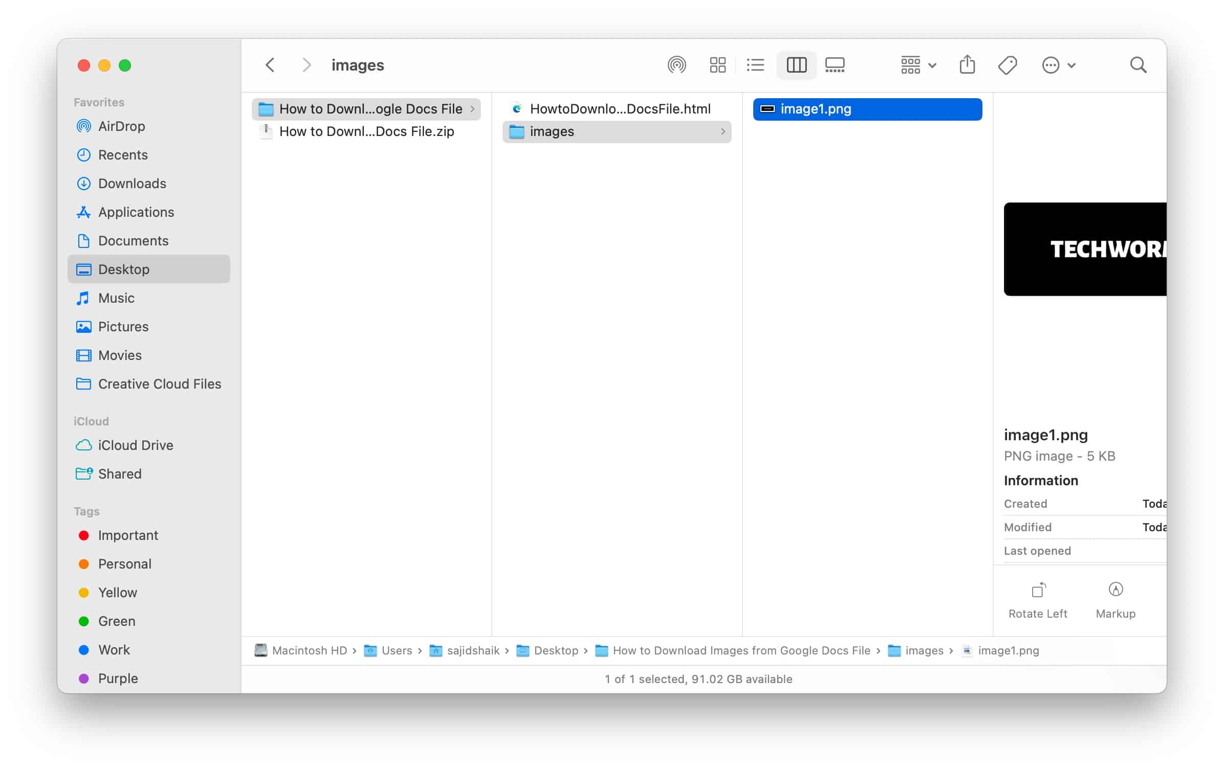 Extract downloaded Google Docs webpage and open the images folder