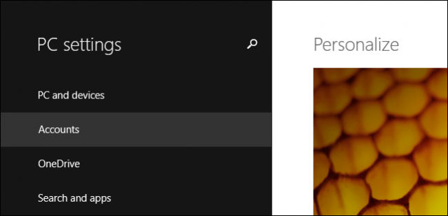 Экран «Учетные записи» в Windows 8.1