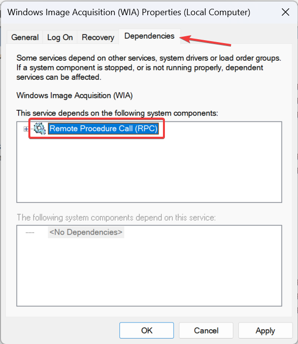 Вкладка Зависимости в свойствах службы