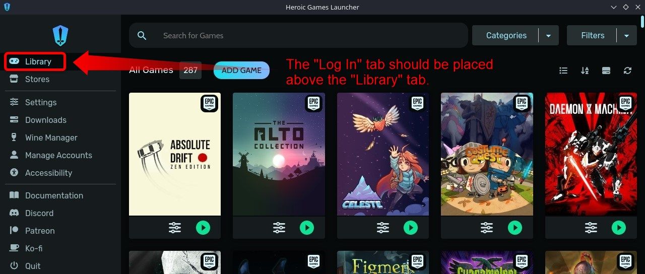 Главный экран Heroic Games Launcher.