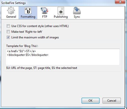 Поле шаблона ScribeFire с переменными $U $T $S